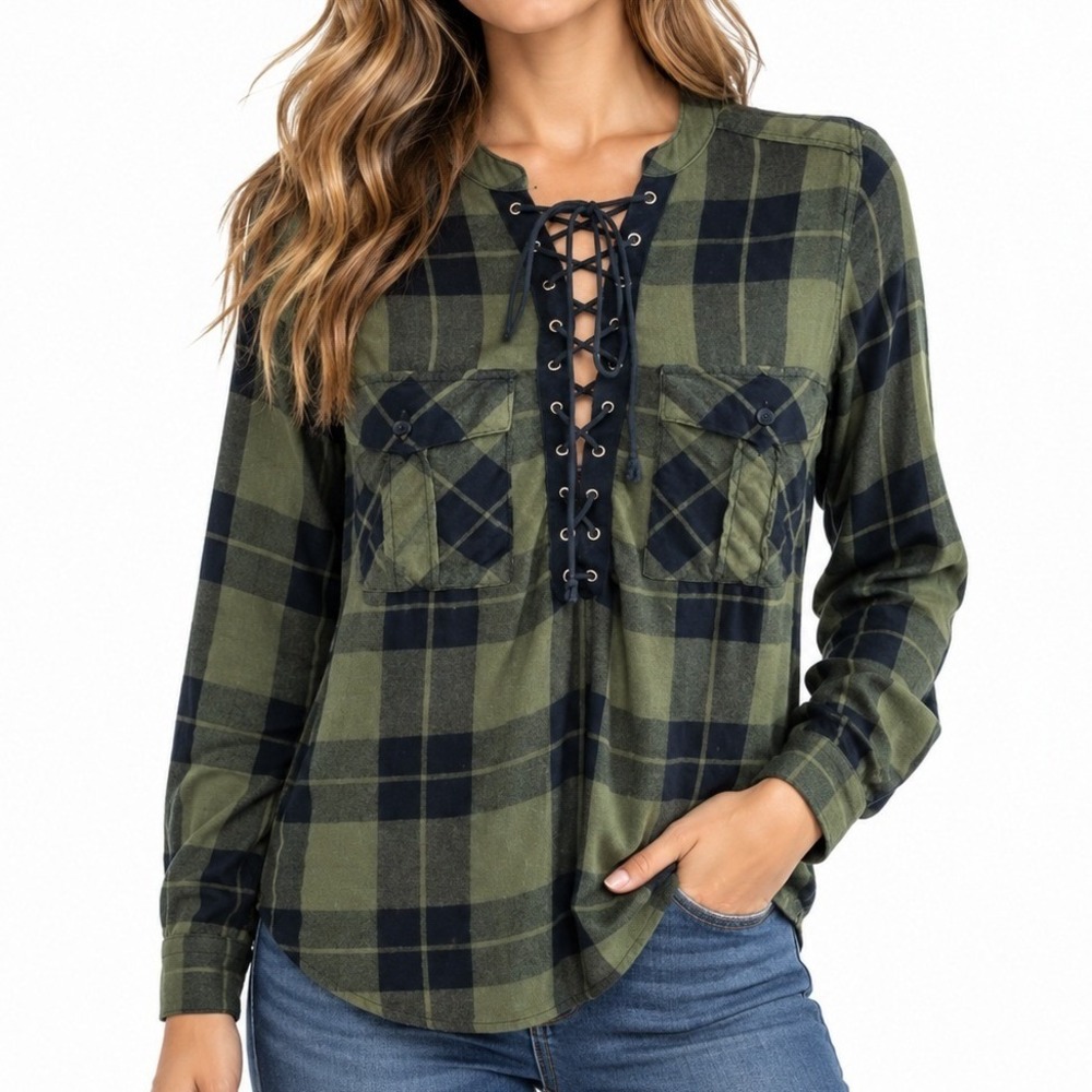Express Womens XS Olive Green Navy Plaid Lace Up Grommet Long Sleeve Rayon Top